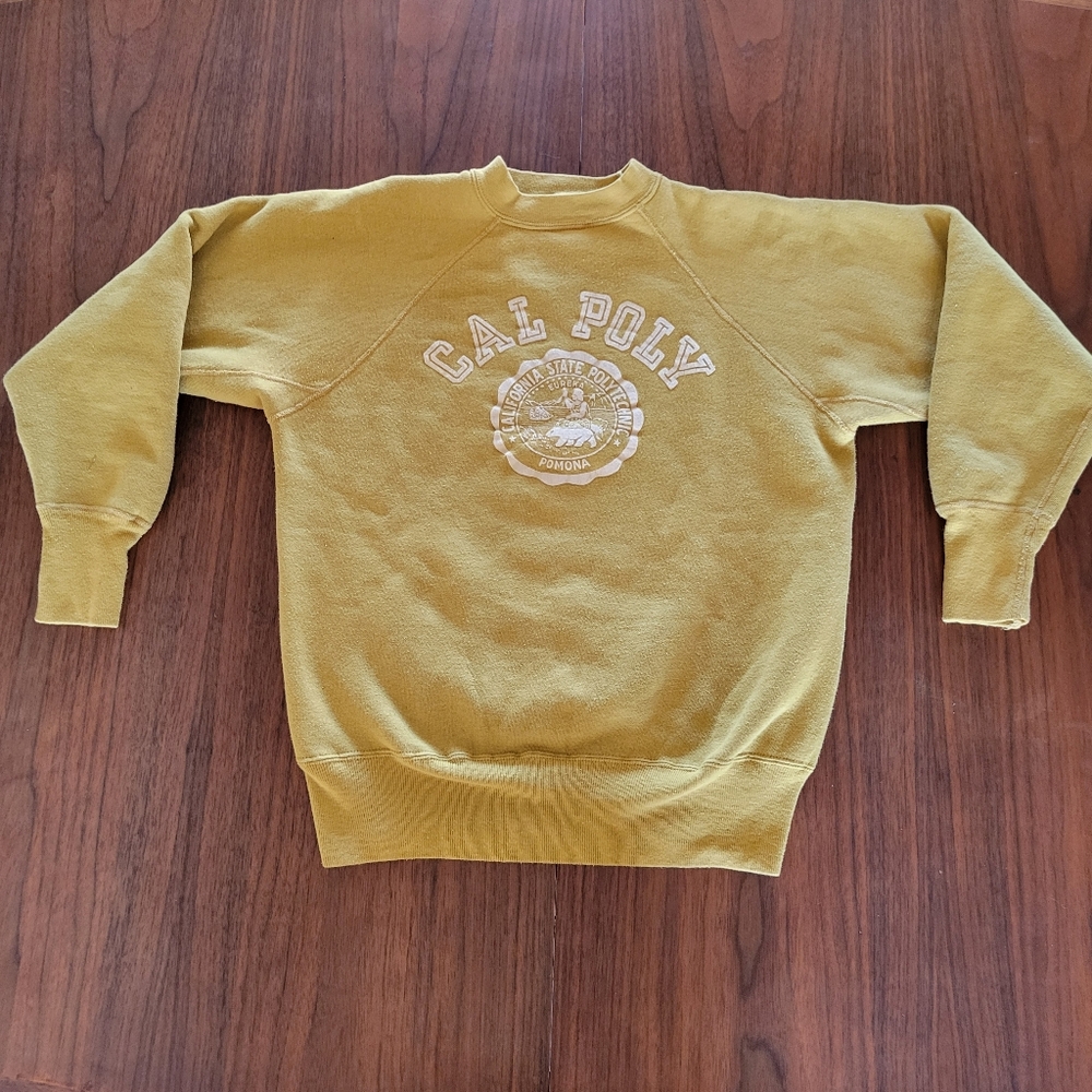 Vintage 1960s Cal Poly Pomona Raglan Sweatshirt  S/M College Seal Gold Pullover